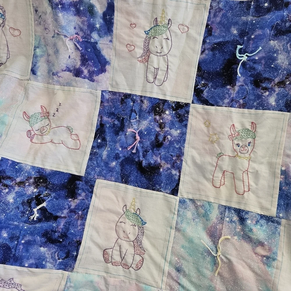 Handmade Patchwork Animal Baby Quilt Blue White Rainbow Sloth Unicorn Sleeping